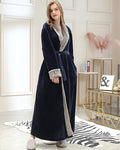 Elegant Navy Plush Long Robe For Women With Gray Fur Trim Deluxe Edition