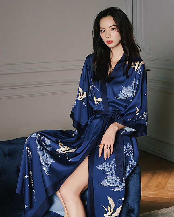 Silk Kimono Robe With Navy Crane Print For Elegant Home Lounging