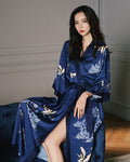 Silk Kimono Robe With Navy Crane Print For Elegant Home Lounging