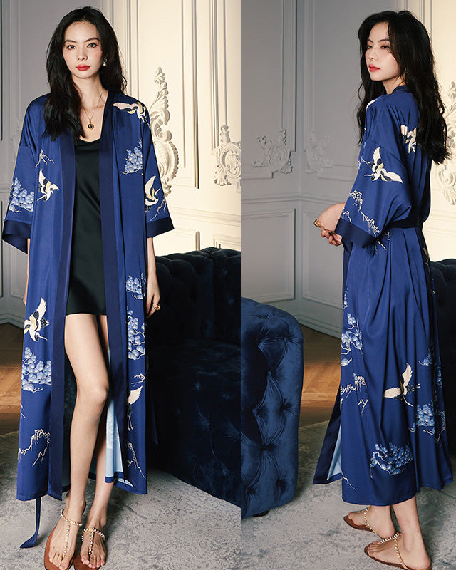 Silk Kimono Robe With Navy Crane Print For Elegant Home Lounging
