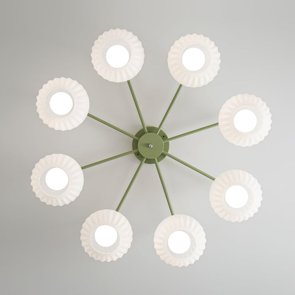 Plafonnier Lumencrest avec abat-jours en verre blanc côtelé et cadre métallique vert
