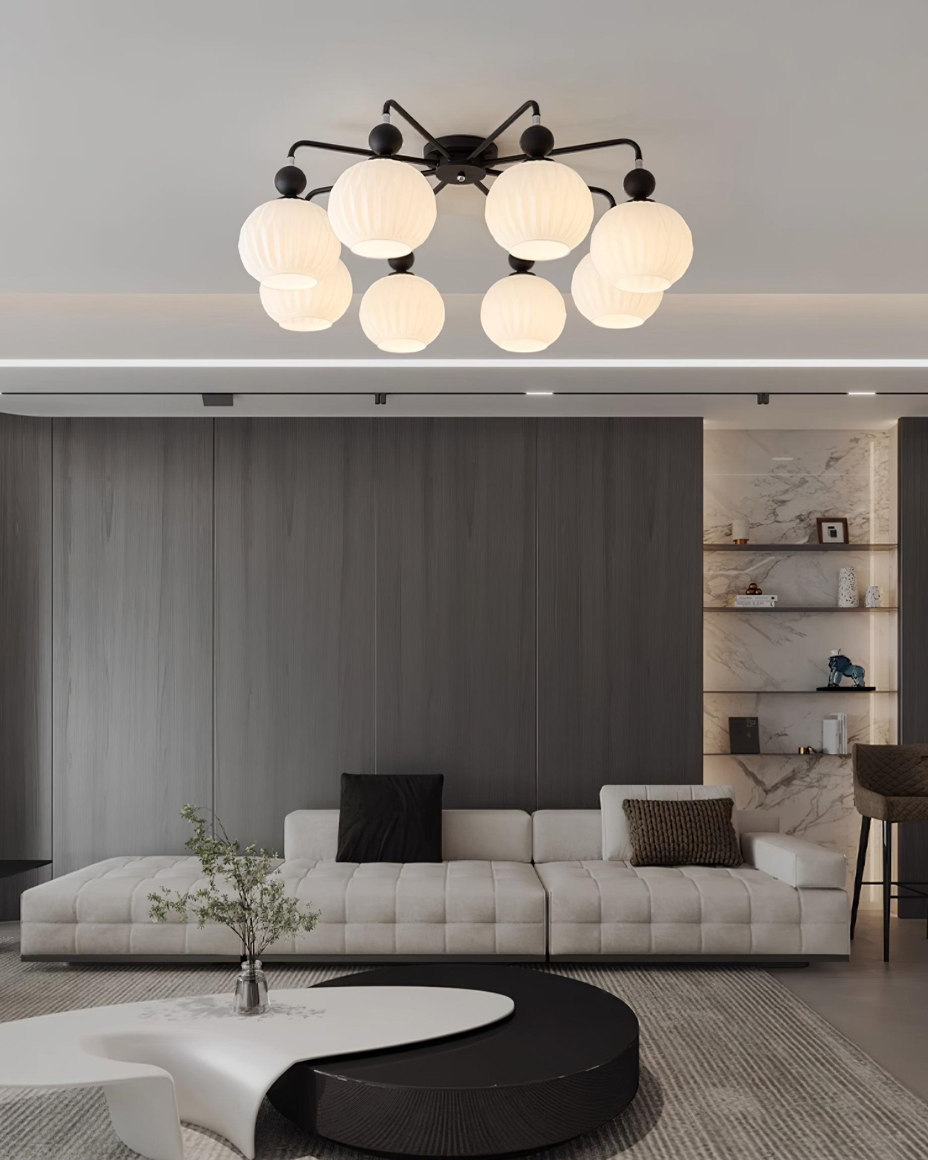Plafonnier Lumencrest avec abat-jours en verre blanc côtelé et cadre métallique vert