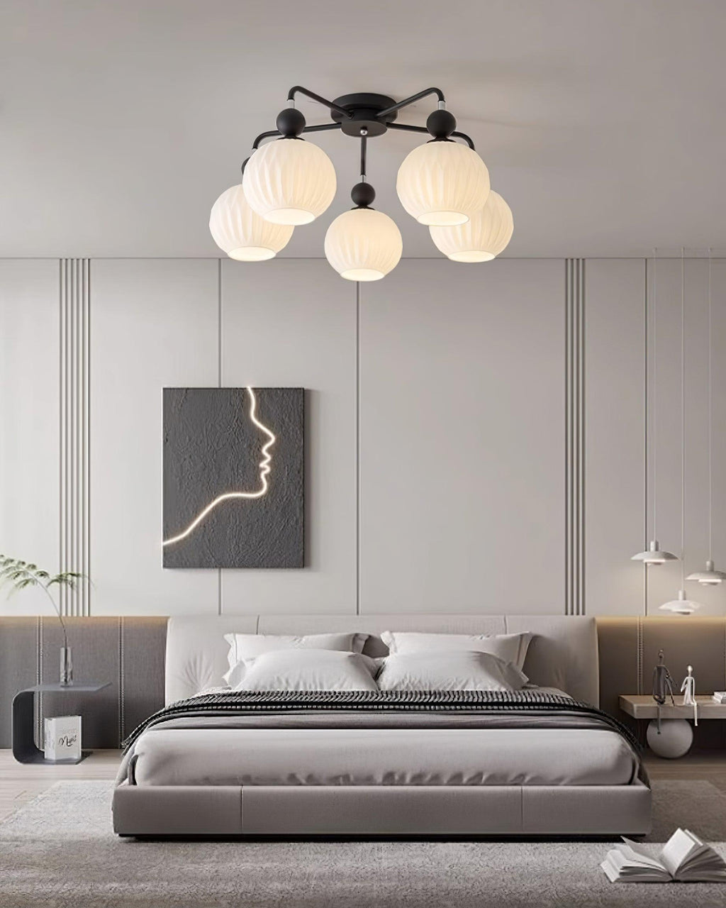 Plafonnier Lumencrest avec abat-jours en verre blanc côtelé et cadre métallique vert