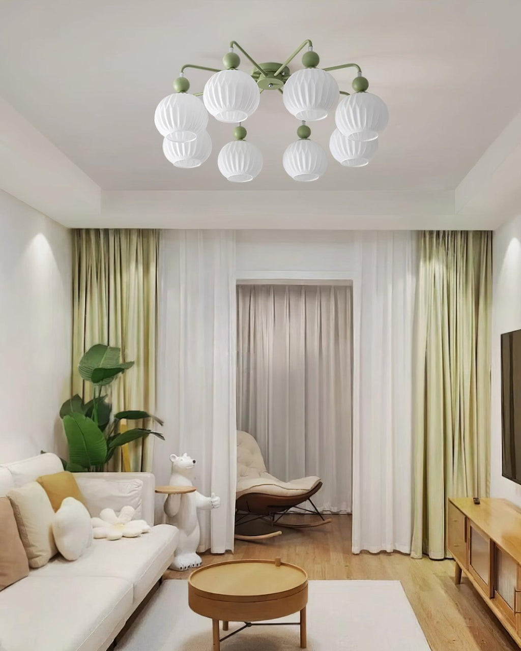 Plafonnier Lumencrest avec abat-jours en verre blanc côtelé et cadre métallique vert