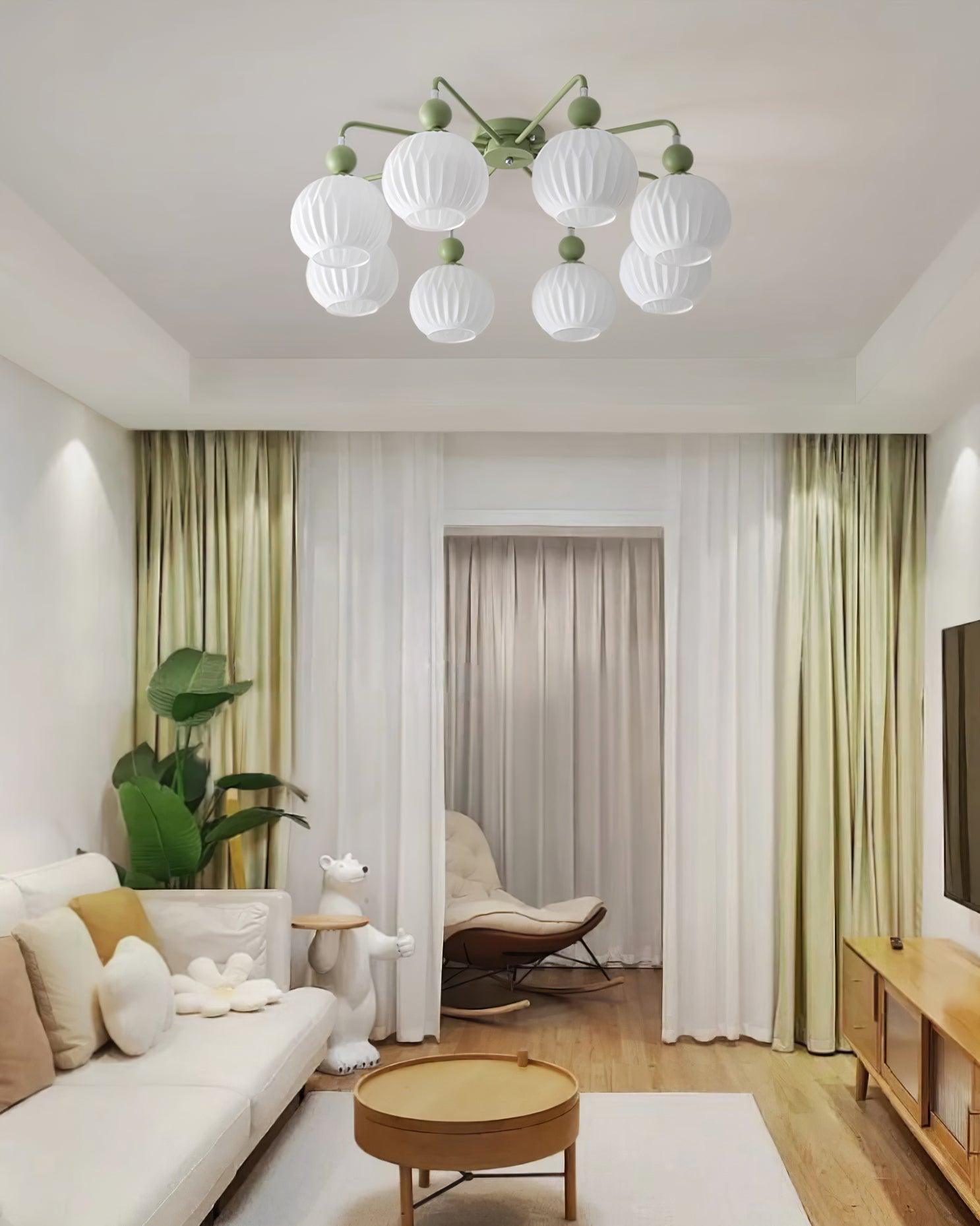 Plafonnier Lumencrest avec abat-jours en verre blanc côtelé et cadre métallique vert