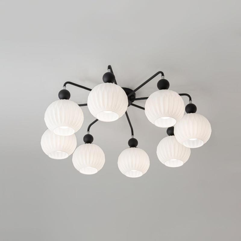 Plafonnier Lumencrest avec abat-jours en verre blanc côtelé et cadre métallique vert