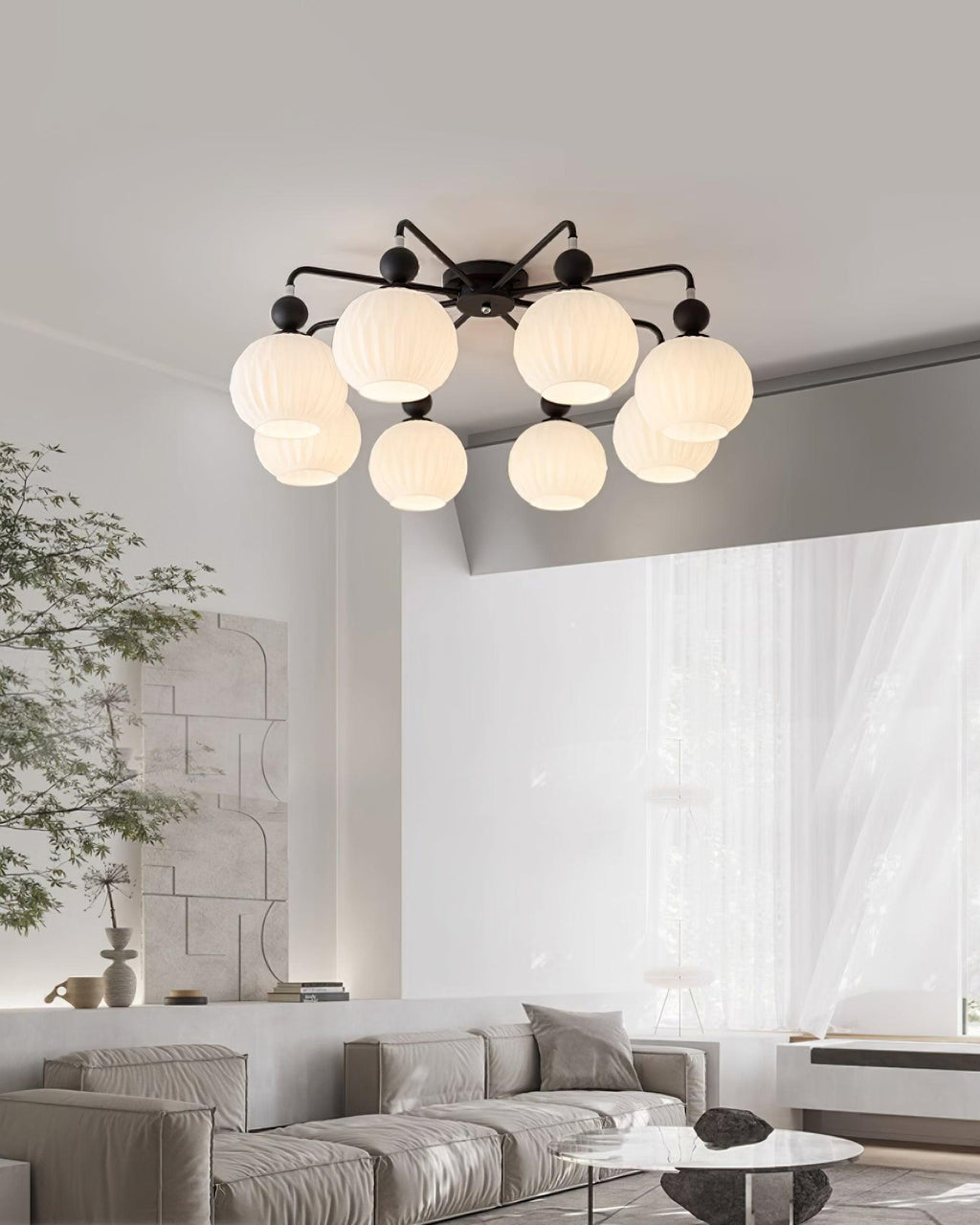Plafonnier Lumencrest avec abat-jours en verre blanc côtelé et cadre métallique vert