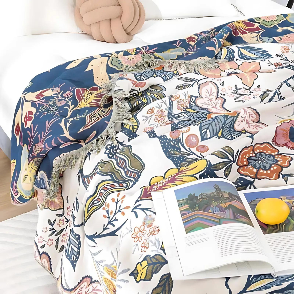 Floravista Reversible Cotton Floral Throw Blanket For Home Decor