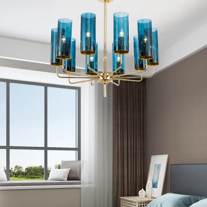 Lumenia blå glass LED-lysekrone med gullbelagt finish