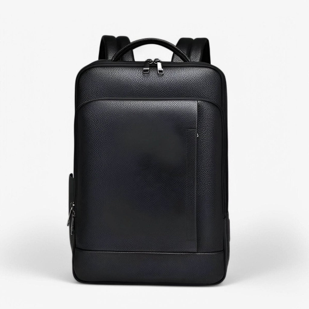 Elegant Black Leather Backpack With USB Port For 15.6-Inch Laptop