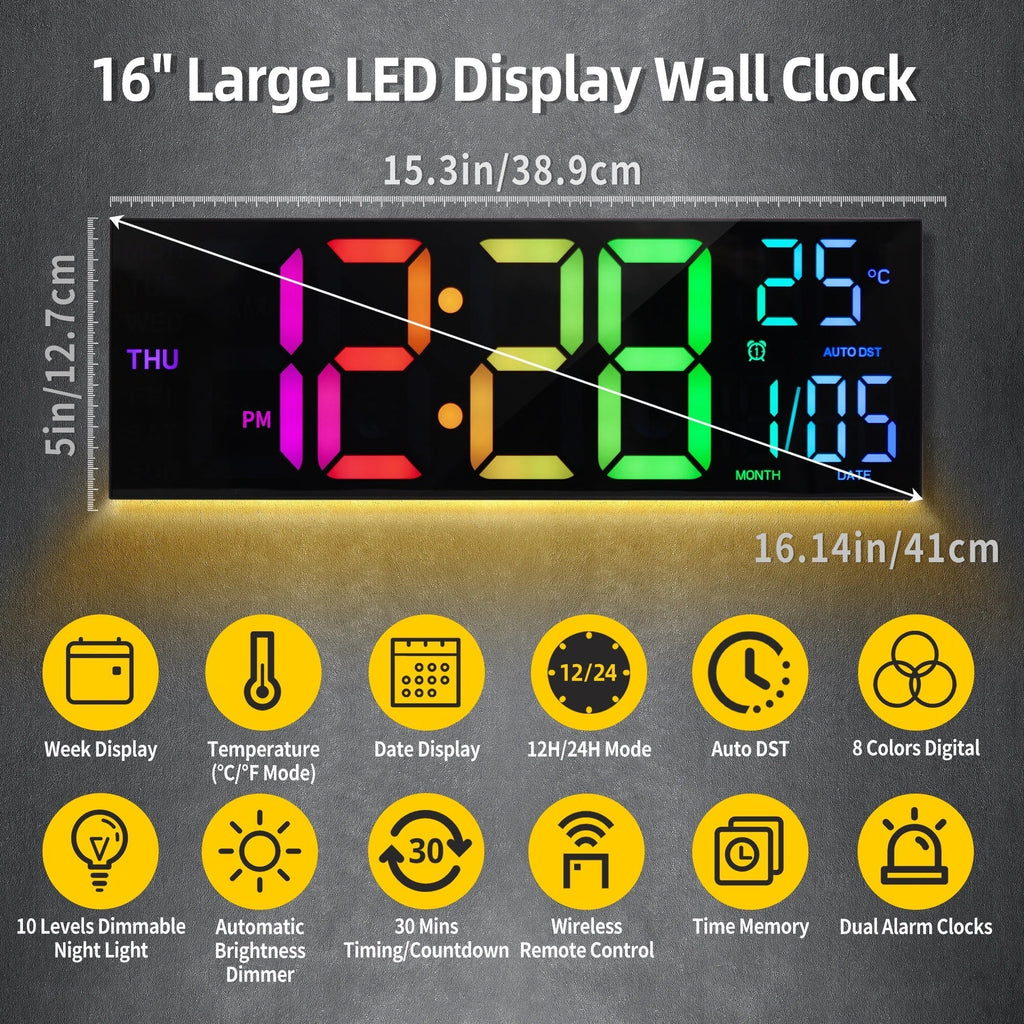 LumaTime LED-seinäkello RGB-näytöllä ja kaukosäätimellä
