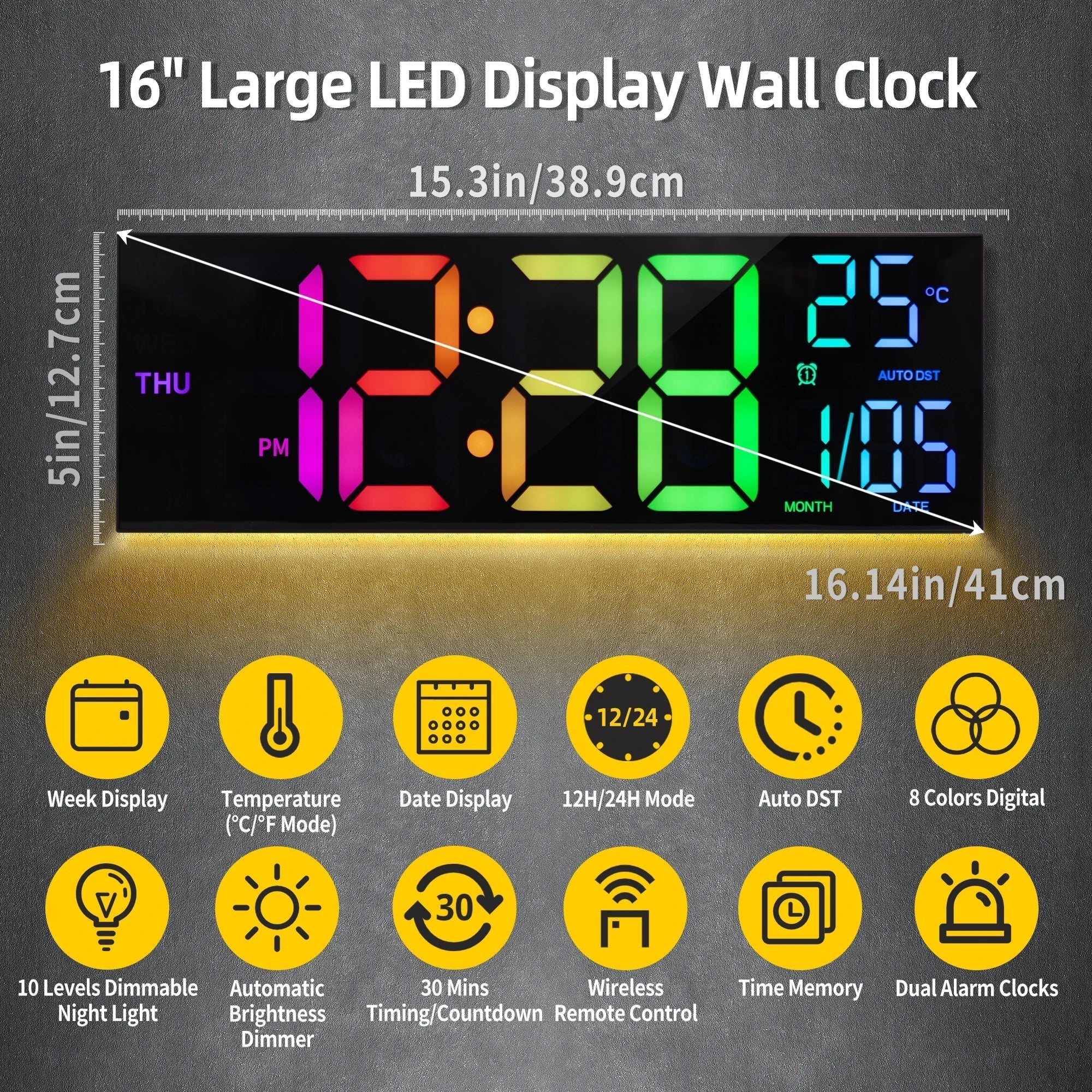 LumaTime LED-seinäkello RGB-näytöllä ja kaukosäätimellä