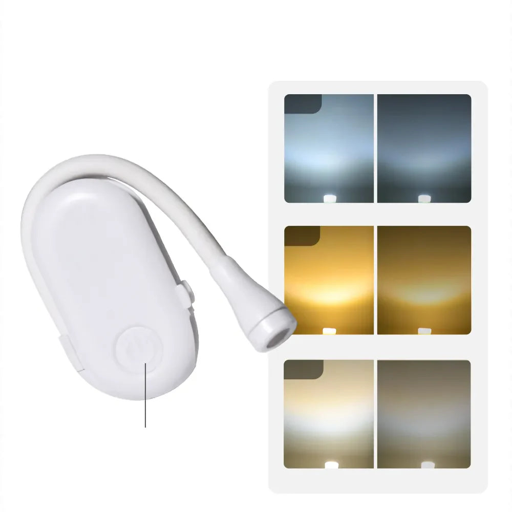Klipová mini čtecí lampička s USB nabíjením, noční světlo, stmívatelná LED, klip otočný o 360 stupňů