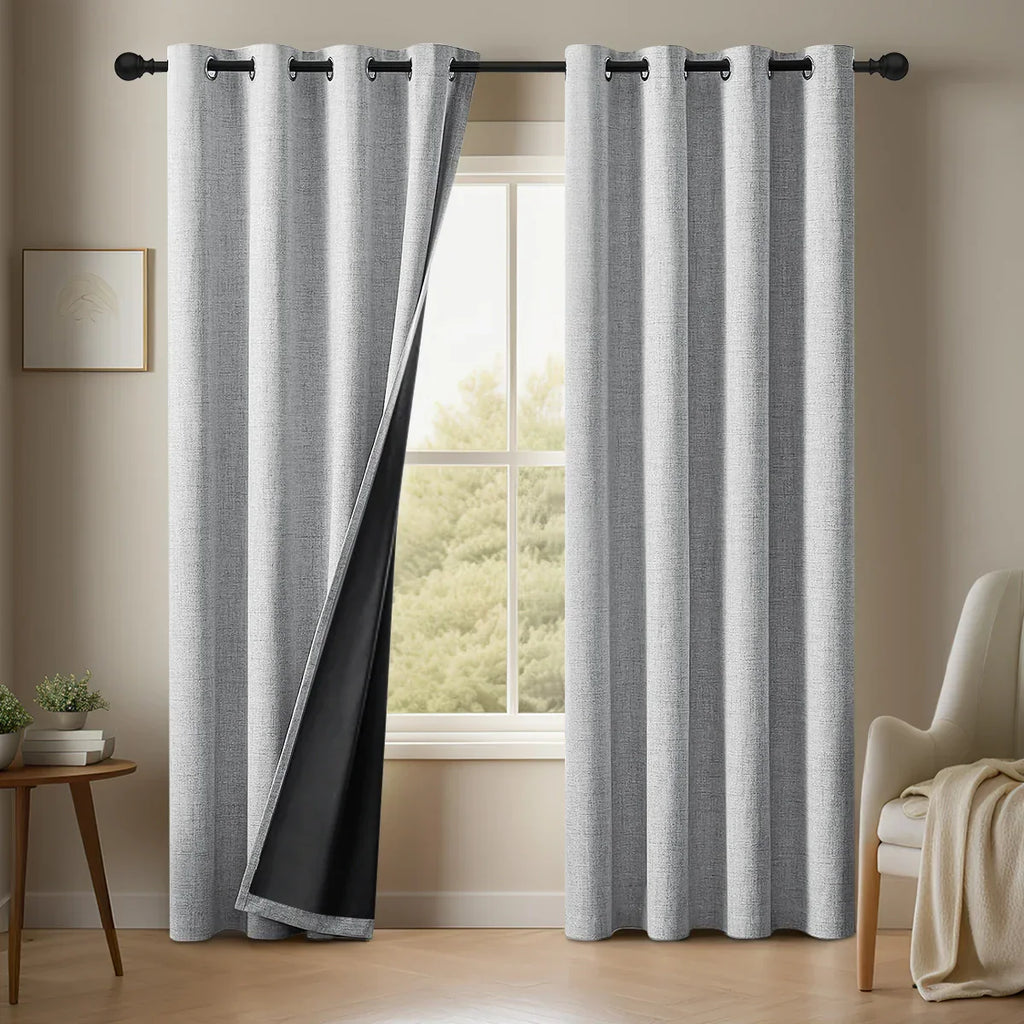 Noctavia 2 Panel 100% Blackout Linen Curtains With Tiebacks For Bedroom And Living Room