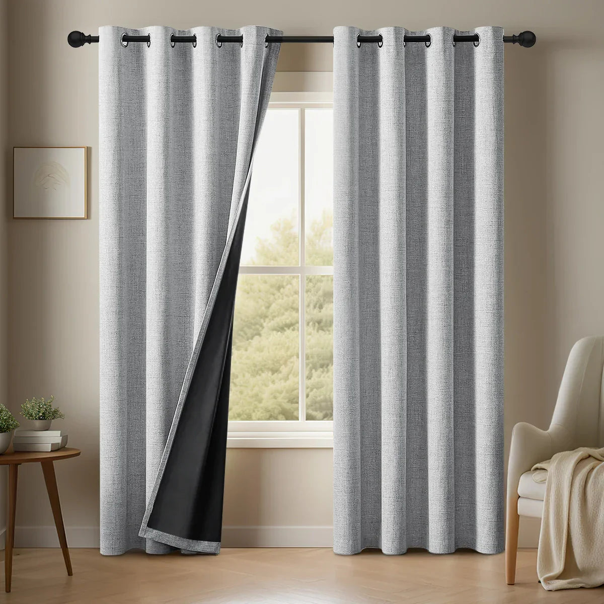 Noctavia 2 Panel 100% Blackout Linen Curtains With Tiebacks For Bedroom And Living Room