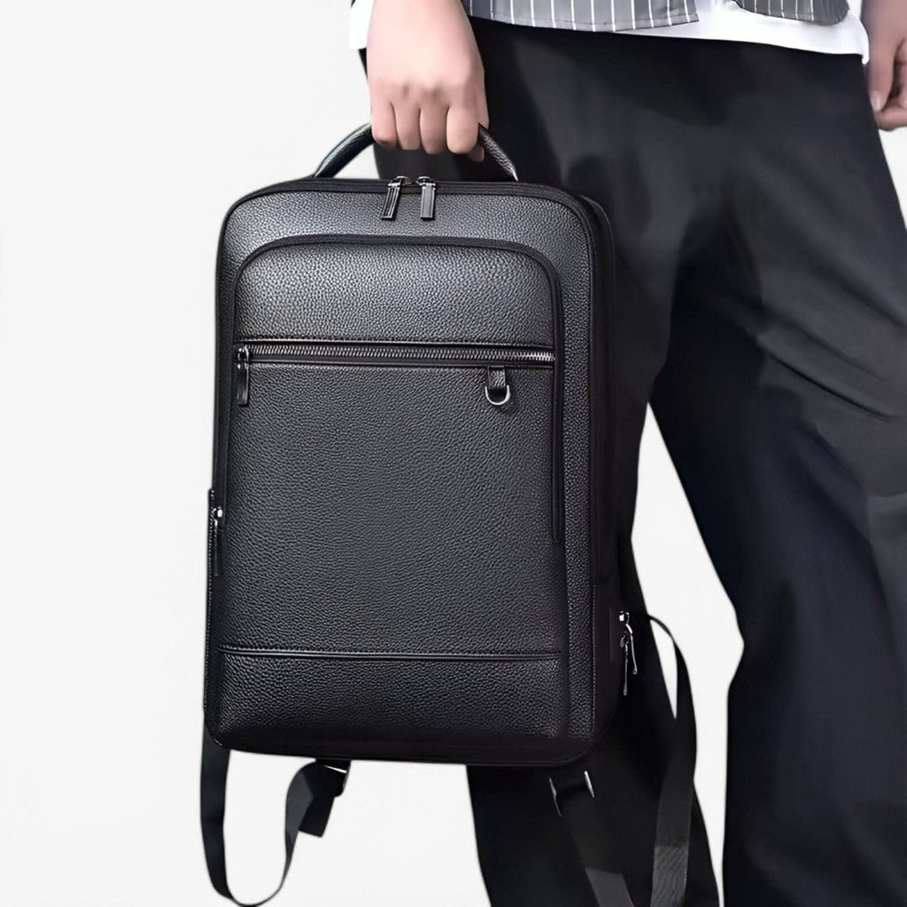 Elegant Black Leather Backpack With USB Port For 15.6-Inch Laptop