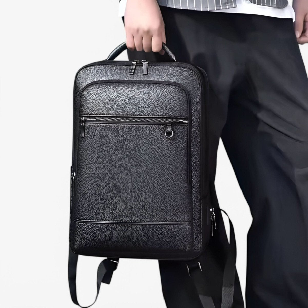 Elegant Black Leather Backpack With USB Port For 15.6-Inch Laptop