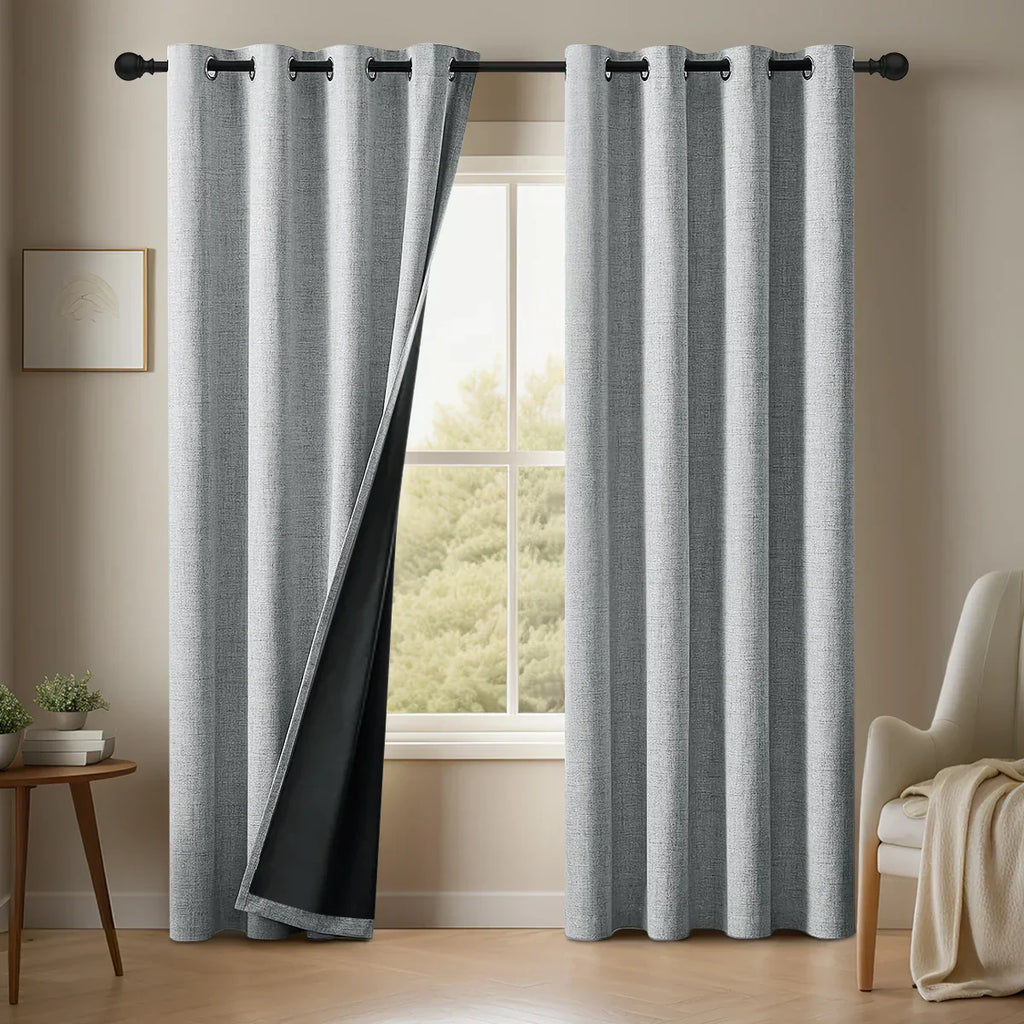 Noctavia 2 Panel 100% Blackout Linen Curtains With Tiebacks For Bedroom And Living Room