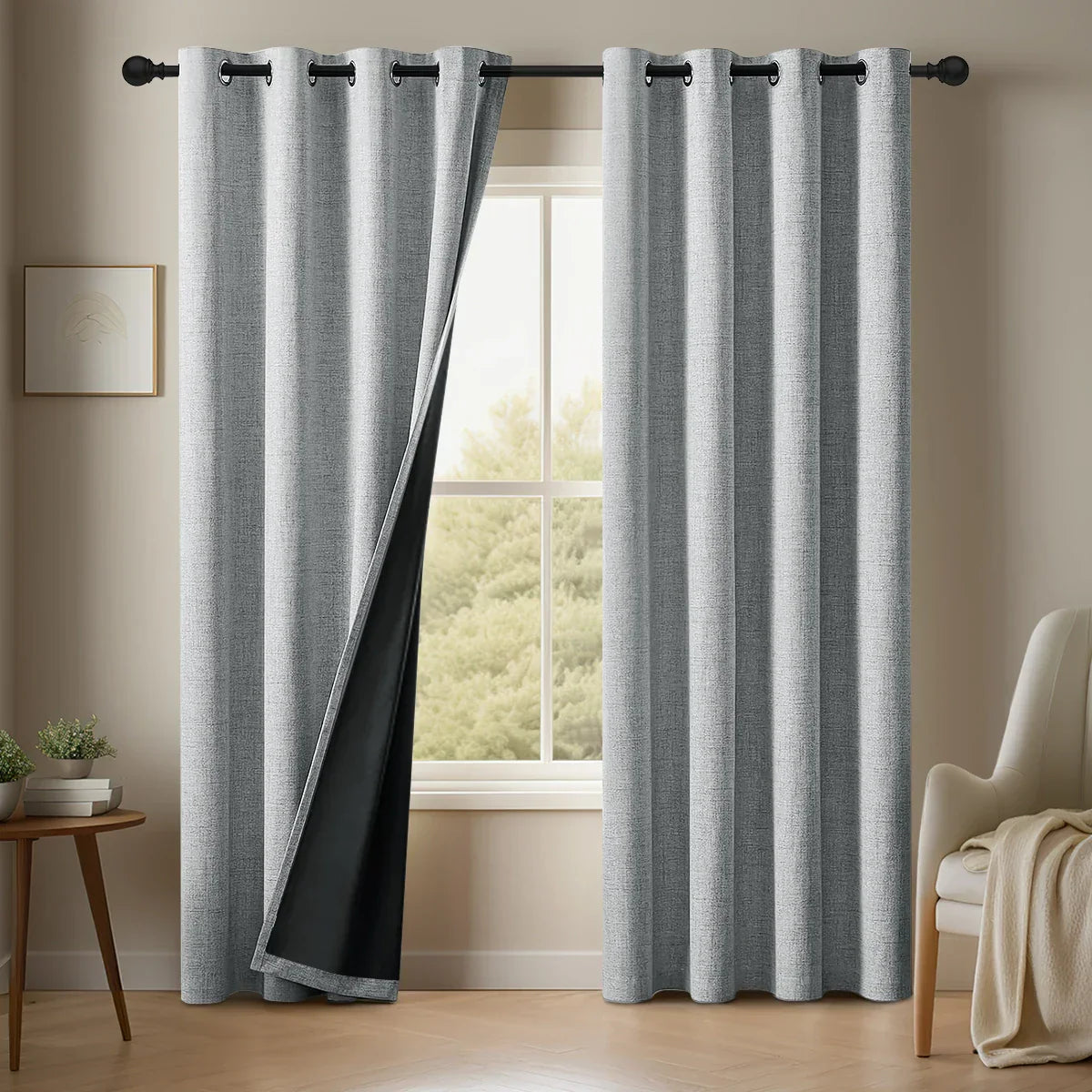 Noctavia 2 Panel 100% Blackout Linen Curtains With Tiebacks For Bedroom And Living Room