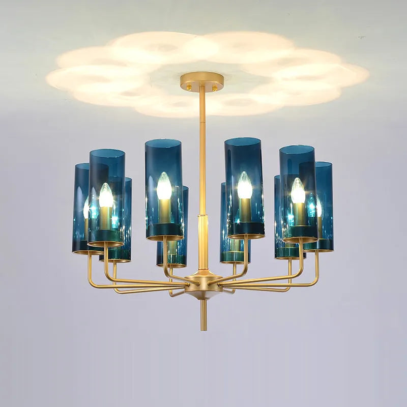 Lumenia blå glass LED-lysekrone med gullbelagt finish