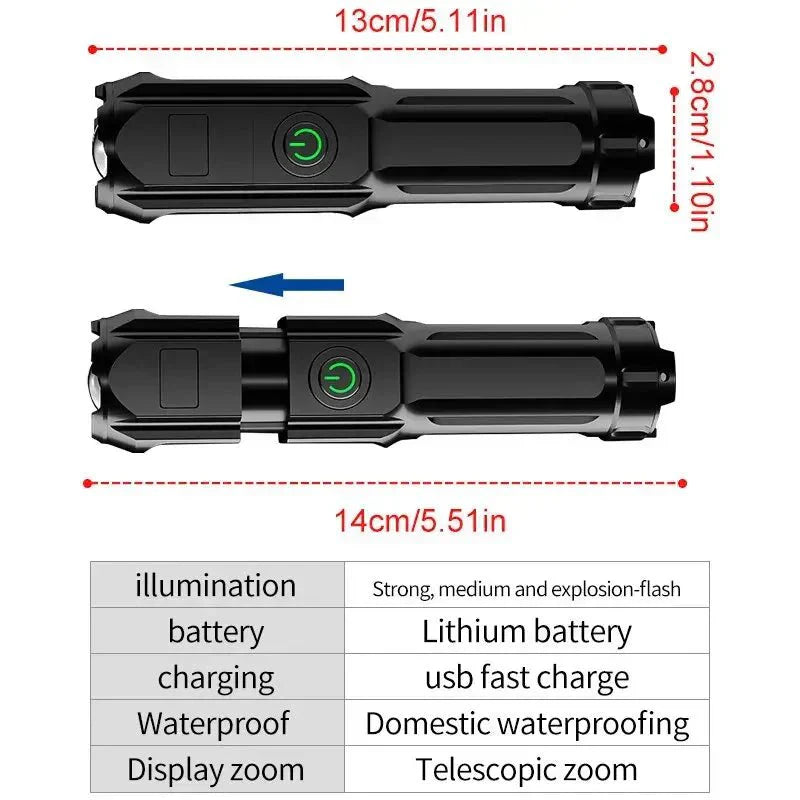 BrightPulse LED Flashlight 100000 Lumens USB Recharge Zoom Waterproof Outdoor