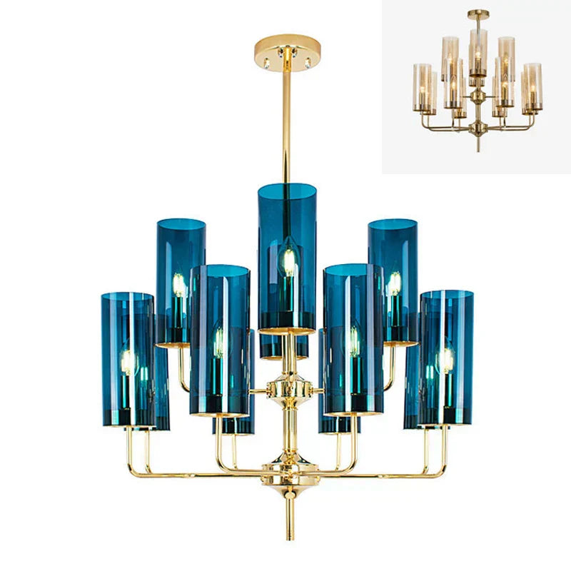 Lumenia blå glass LED-lysekrone med gullbelagt finish