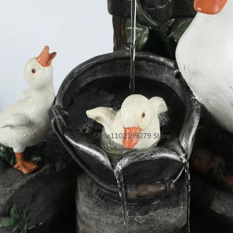 Fontaine de jardin solaire Lunaverde avec figurines de canard et d'écureuil, LED, résine résistante aux intempéries