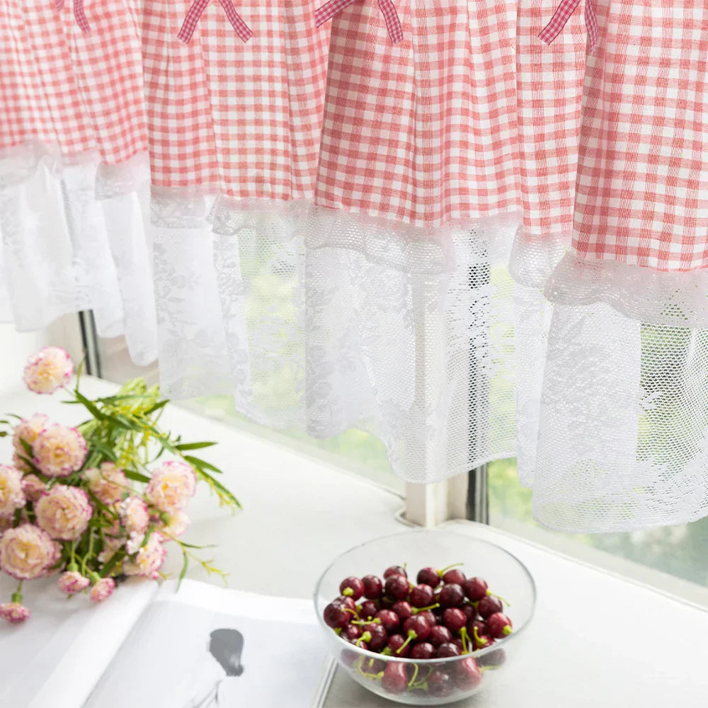 Lumibliss Plaid Lace Half Curtain for Small Kitchen Windows