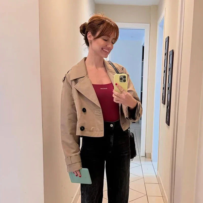 Aurora Short Trench Coat In Vintage Style With Double-Breasted Front
