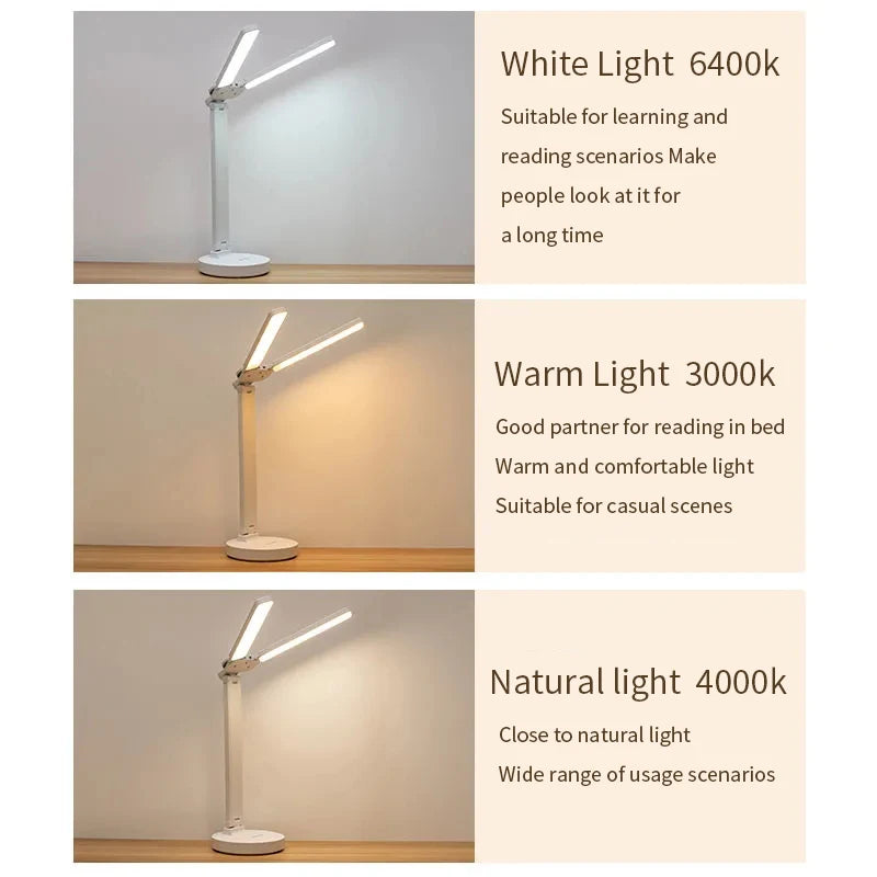 Nabíjecí stolní lampa na čtení s nastavitelným stmíváním, kompaktní a všestranná