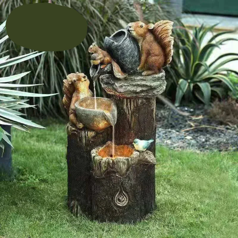 Fontaine de jardin solaire Lunaverde avec figurines de canard et d'écureuil, LED, résine résistante aux intempéries