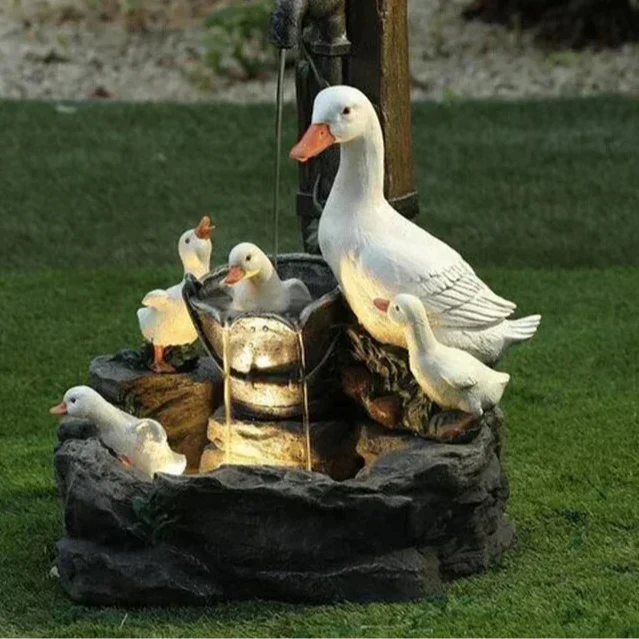 Fontaine de jardin solaire Lunaverde avec figurines de canard et d'écureuil, LED, résine résistante aux intempéries