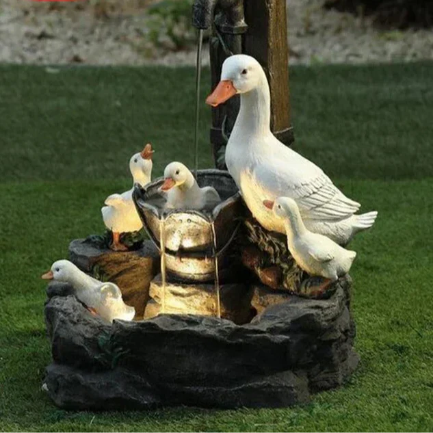 Fontaine de jardin solaire Lunaverde avec figurines de canard et d'écureuil, LED, résine résistante aux intempéries