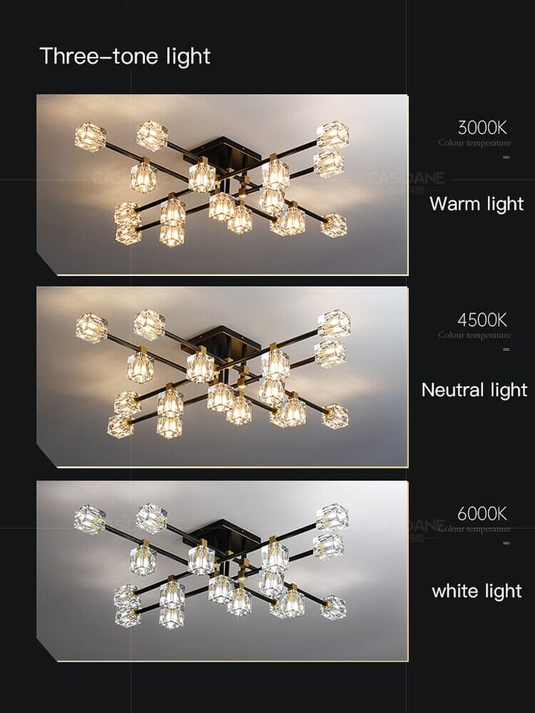 Lámpara de araña de cristal Nebulosa Obsidiana con bordes dorados y LED G9