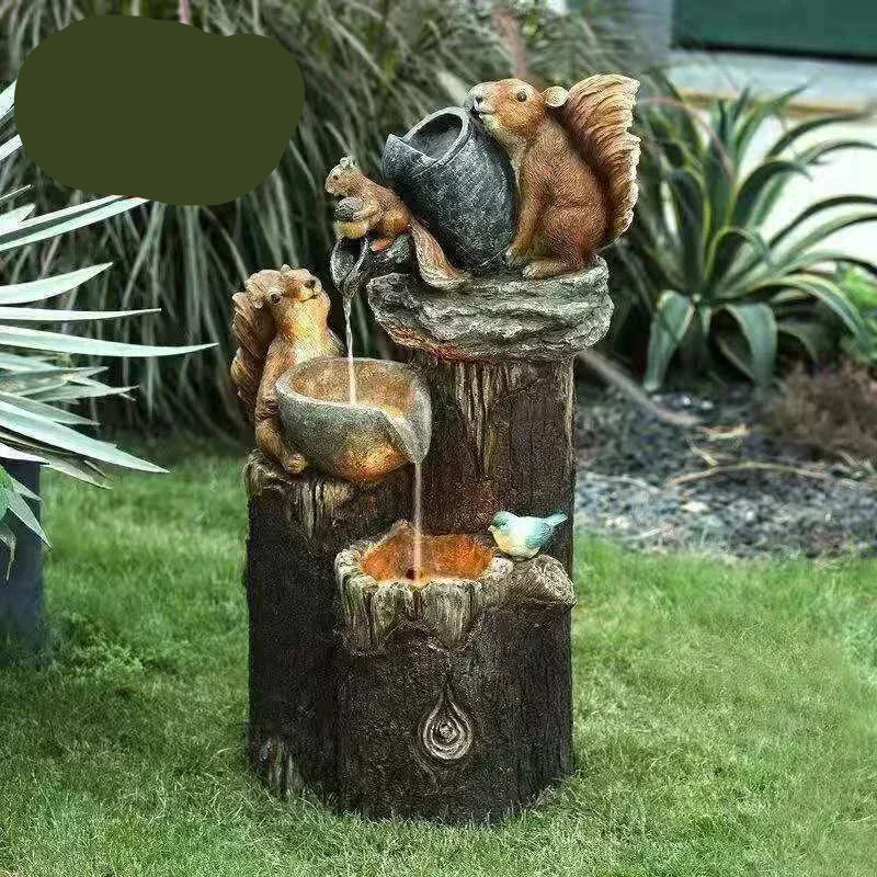 Fontaine de jardin solaire Lunaverde avec figurines de canard et d'écureuil, LED, résine résistante aux intempéries