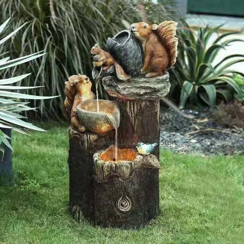 Fontaine de jardin solaire Lunaverde avec figurines de canard et d'écureuil, LED, résine résistante aux intempéries