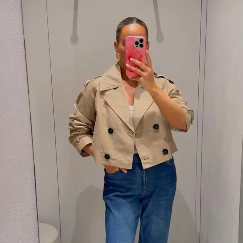 Aurora Short Trench Coat In Vintage Style With Double-Breasted Front