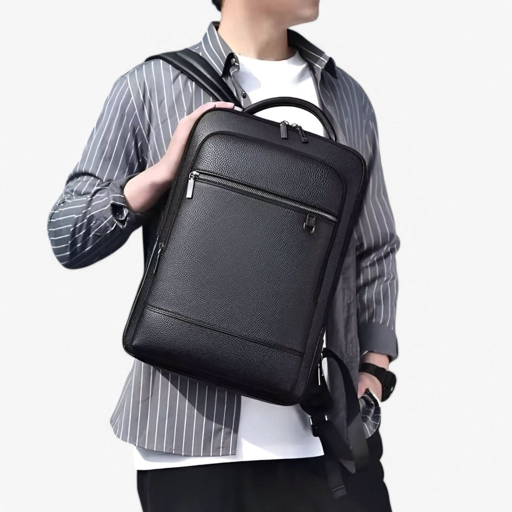 Elegant Black Leather Backpack With USB Port For 15.6-Inch Laptop