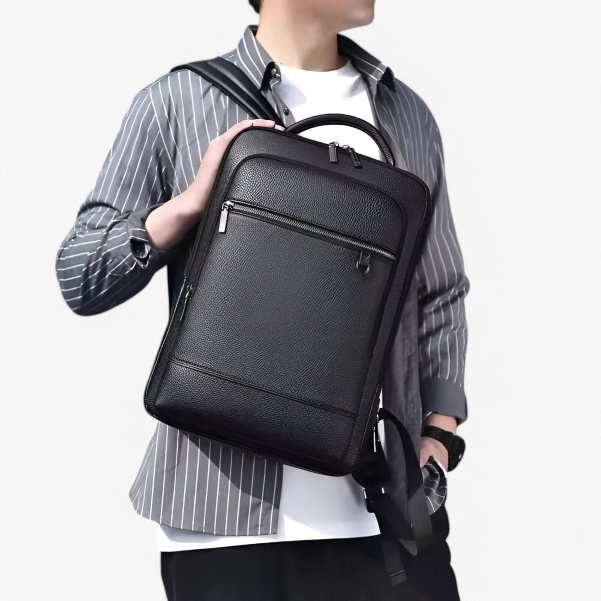 Elegant Black Leather Backpack With USB Port For 15.6-Inch Laptop