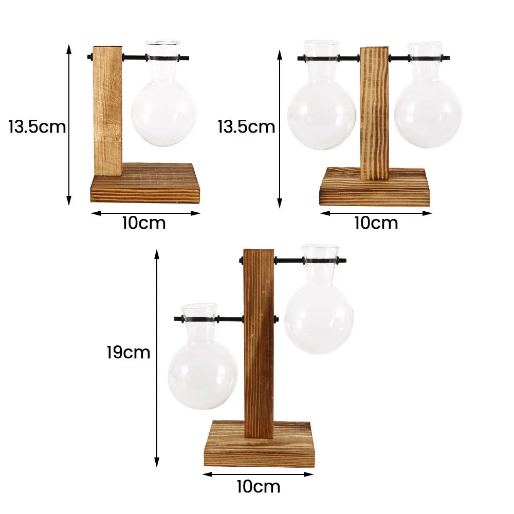 WoodenBloom Hydroponic Bulb Glass Planter On Wooden Stand For Home And Office Decor
