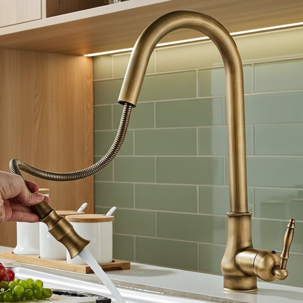 Smartspout Antik Bronz Mutfak Musluğu, Çekmeli Püskürtücü ve Dokunmatik Kontrol Özellikli