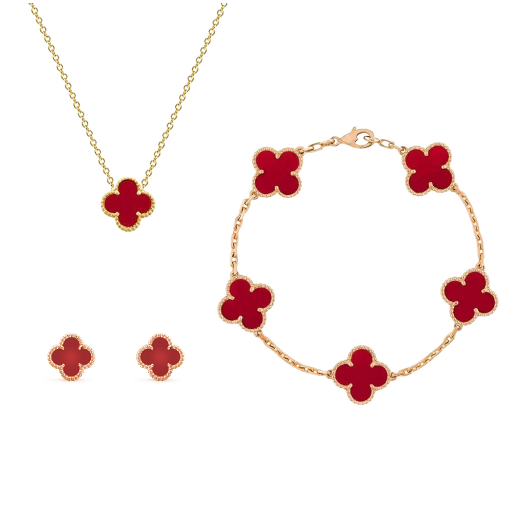 Trío de joyería Shamrock con detalles de perlas y acabado dorado