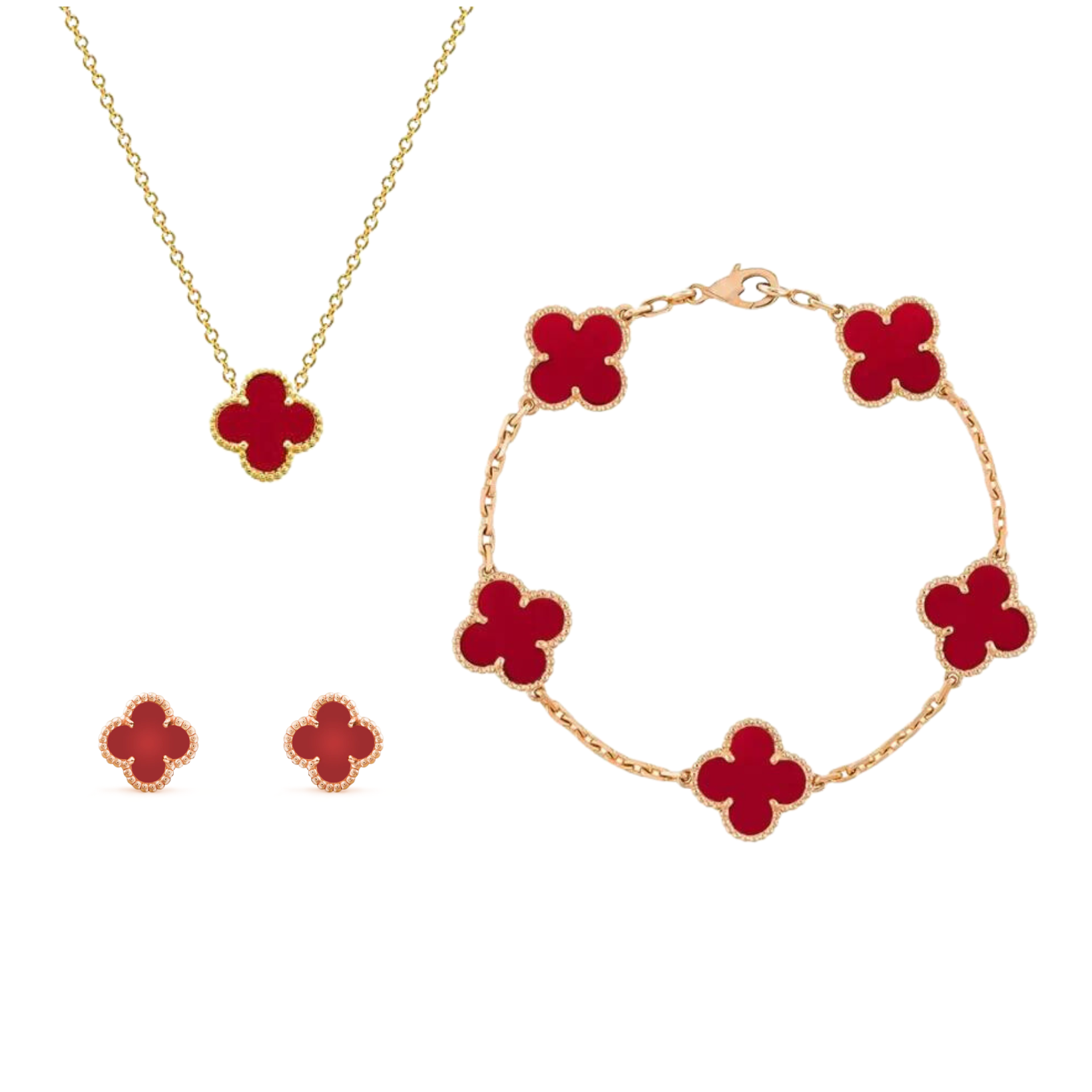 Trío de joyería Shamrock con detalles de perlas y acabado dorado