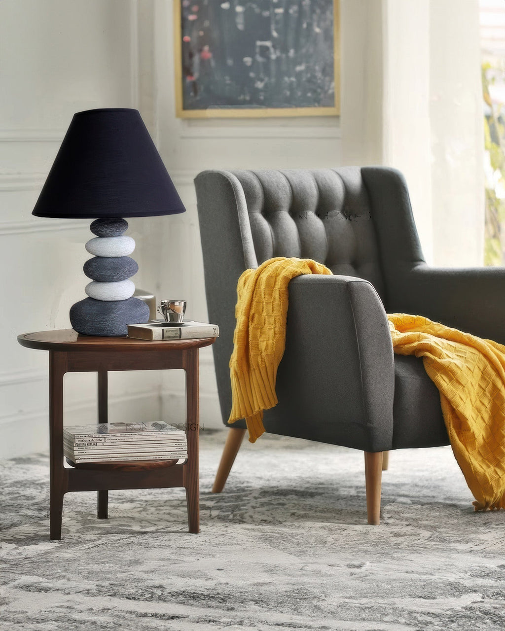 Aurelia Atmosferyczna Lampa Stołowa z Abażurem z Tkaniny i Kamienną Ceramiką do Salonu