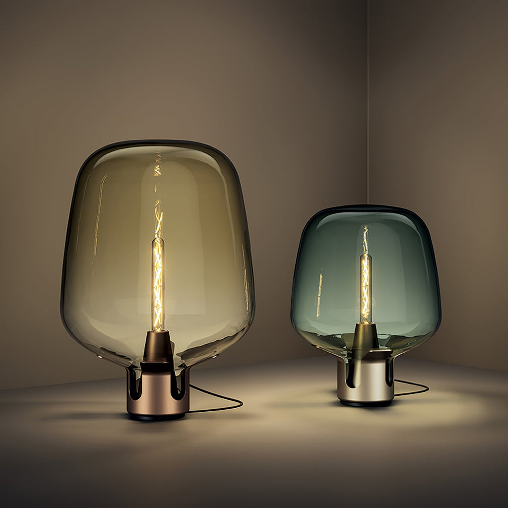 Lampada da Tavolo in Vetro AureaGlow con Luce LED Calda Compatta in Marrone o Verde