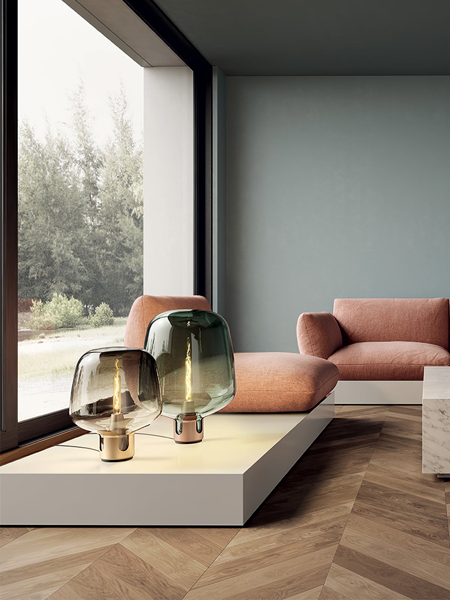 Lampada da Tavolo in Vetro AureaGlow con Luce LED Calda Compatta in Marrone o Verde