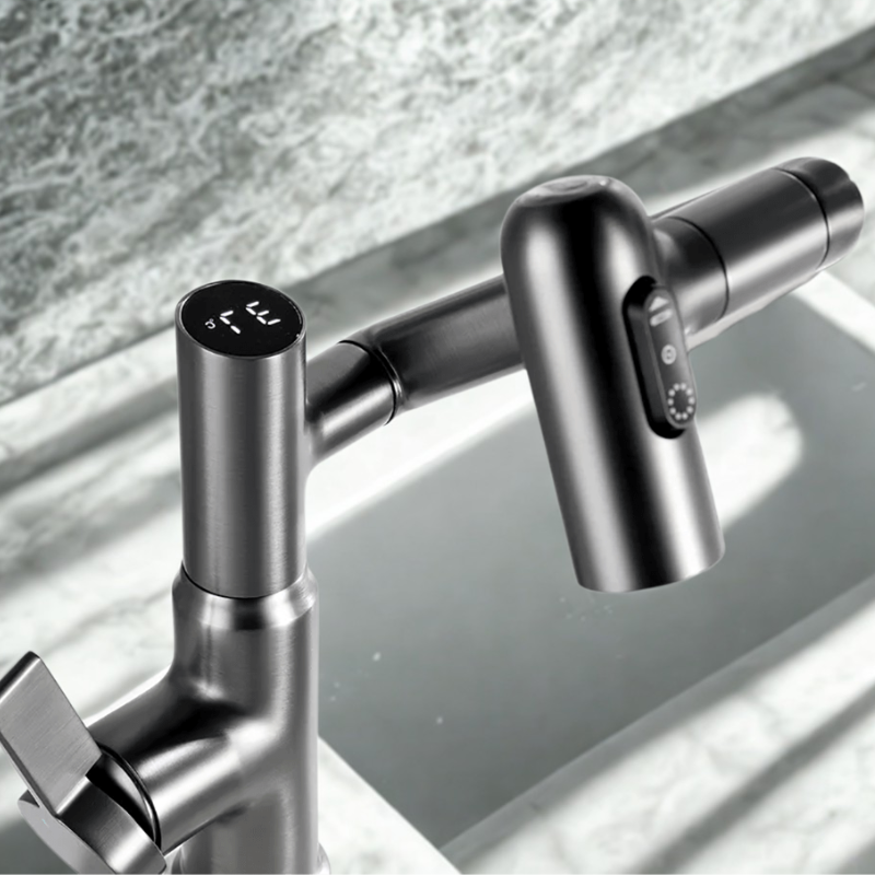 FlowMatrix Height Adjustable Faucet With 360 Degree Swivel And Temperature Display