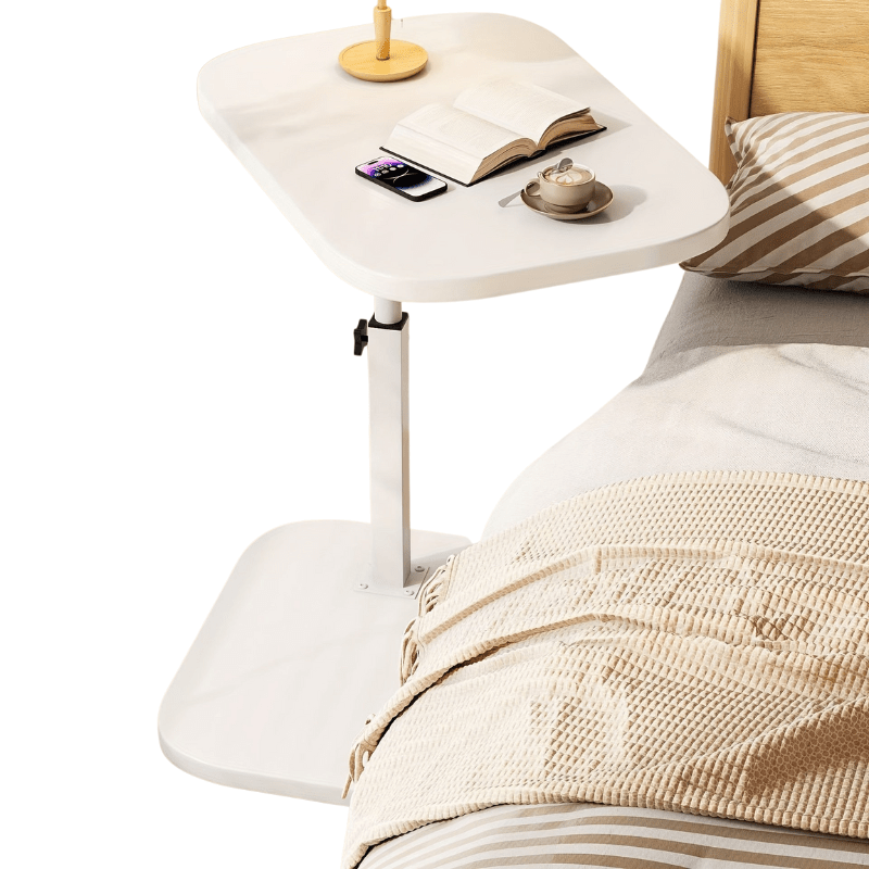 Mesa auxiliar Elara de altura ajustable con tapa de madera sobre estructura metálica para un estilo de vida moderno