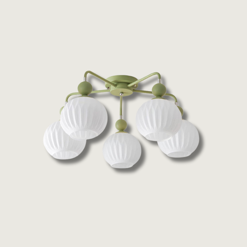 Plafonnier Lumencrest avec abat-jours en verre blanc côtelé et cadre métallique vert