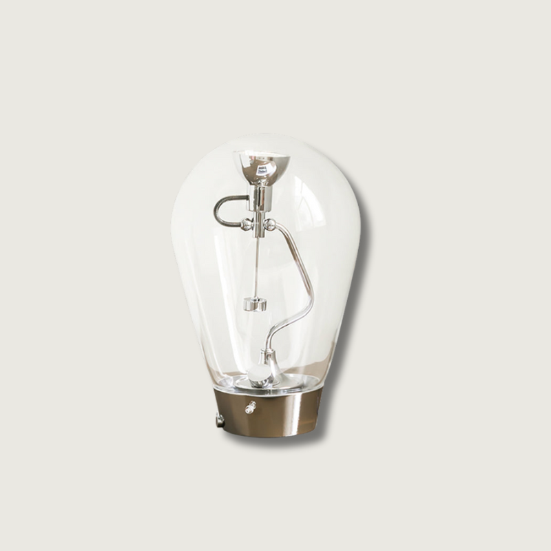 Lampada da Tavolo NovaLume in Vetro Trasparente con Struttura Metallica Sottile per Soggiorno e Camera da Letto